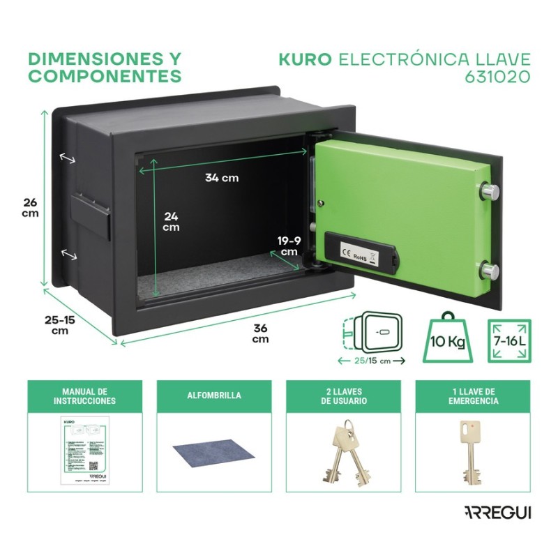 Caja Fuerte de Empotrar Kuro Electrónica+Llave | ARREGUI