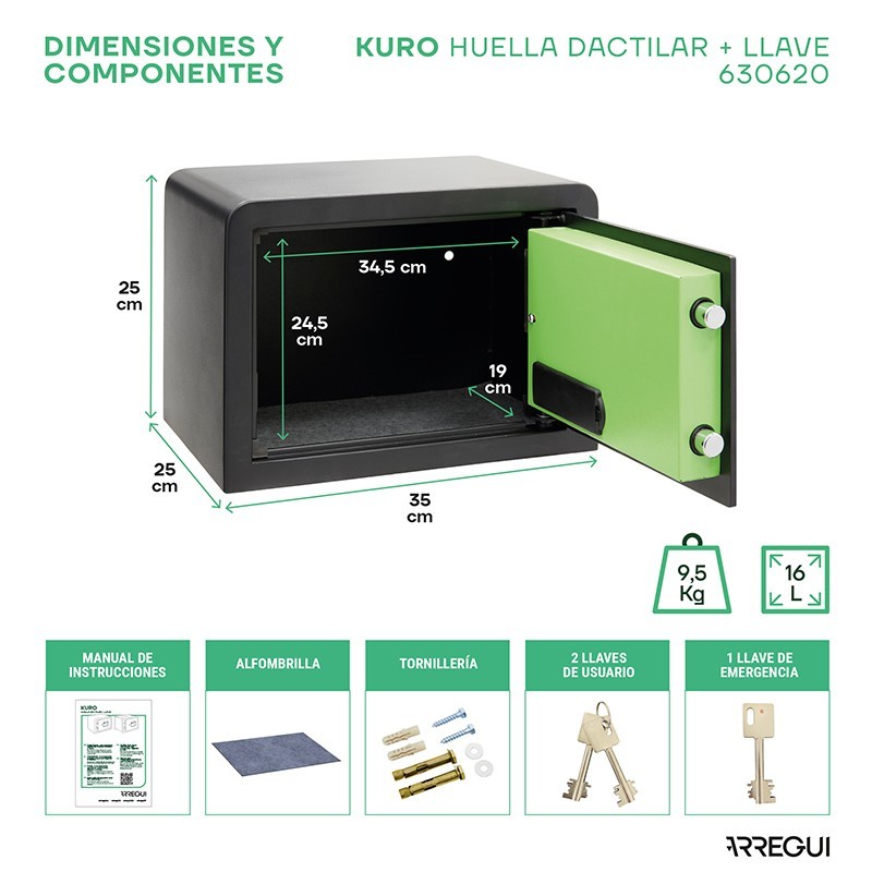 Caja Fuerte de Sobreponer Kuro Fingerprint+Llave | ARREGUI